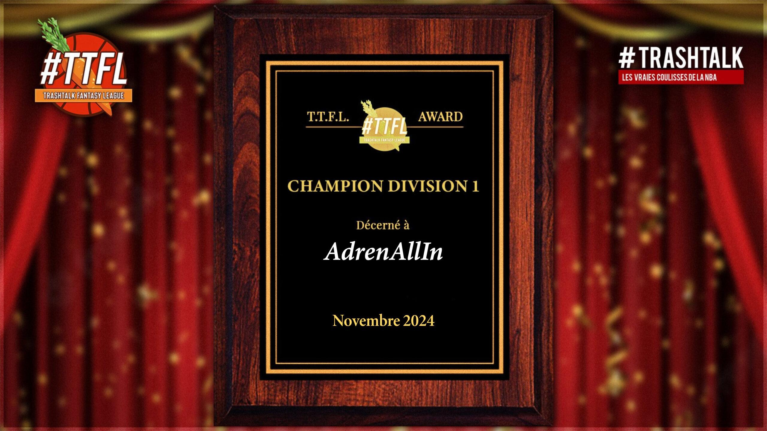 TrashTalk Fantasy League Champion Division 1 TTFL Novembre 2024